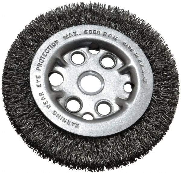 Anderson - 4-1/4" OD, 5/8" Arbor Hole, Crimped Steel Wheel Brush - 3/4" Face Width, 5/8" Trim Length, 0.014" Filament Diam, 6,000 RPM - Caliber Tooling