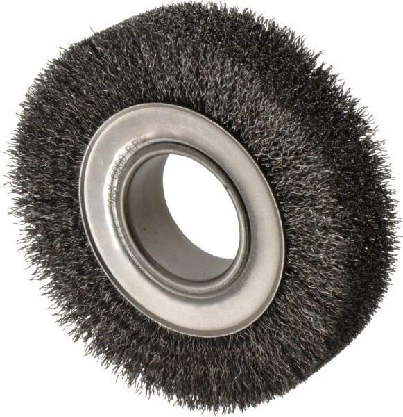 Anderson - 6" OD, 2" Arbor Hole, Crimped Steel Wheel Brush - 1-1/2" Face Width, 1-1/8" Trim Length, 0.014" Filament Diam, 6,000 RPM - Caliber Tooling