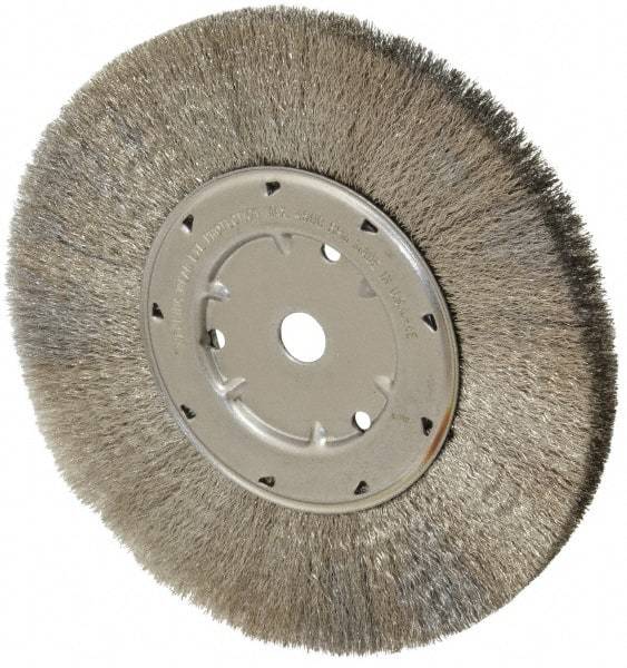 Anderson - 8" OD, 5/8" Arbor Hole, Crimped Stainless Steel Wheel Brush - 1/2" Face Width, 1-13/16" Trim Length, 0.006" Filament Diam, 4,500 RPM - Caliber Tooling