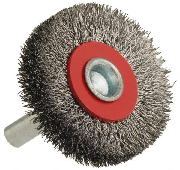 Value Collection - 1-5/8" OD, 1/4" Shank Diam, Crimped Steel Wheel Brush - 5/16" Face Width, 3/8" Trim Length, 0.008" Filament Diam, 18,000 RPM - Caliber Tooling