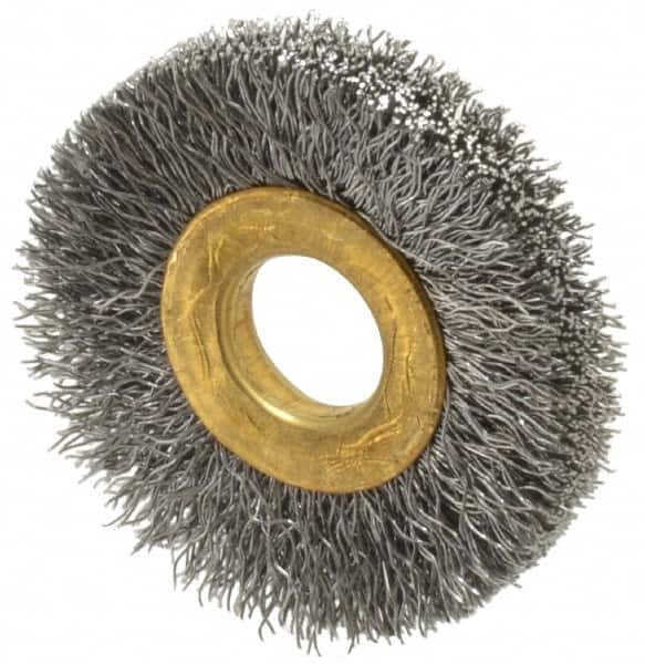 Value Collection - 1-1/2" OD, 3/8" Arbor Hole, Crimped Steel Wheel Brush - 1/4" Face Width, 3/8" Trim Length, 0.007" Filament Diam, 20,000 RPM - Caliber Tooling