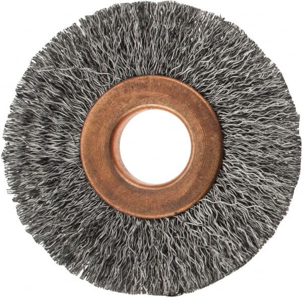 Value Collection - 2" OD, 1/2" Arbor Hole, Crimped Steel Wheel Brush - 5/16" Face Width, 1/2" Trim Length, 0.007" Filament Diam, 15,000 RPM - Caliber Tooling