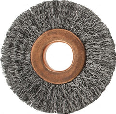 Value Collection - 2" OD, 1/2" Arbor Hole, Crimped Steel Wheel Brush - 5/16" Face Width, 1/2" Trim Length, 0.007" Filament Diam, 15,000 RPM - Caliber Tooling