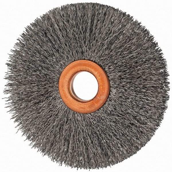 Value Collection - 3" OD, 1/2" Arbor Hole, Crimped Steel Wheel Brush - 3/8" Face Width, 1" Trim Length, 0.007" Filament Diam, 15,000 RPM - Caliber Tooling