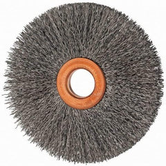 Value Collection - 3" OD, 1/2" Arbor Hole, Crimped Steel Wheel Brush - 3/8" Face Width, 1" Trim Length, 0.007" Filament Diam, 15,000 RPM - Caliber Tooling