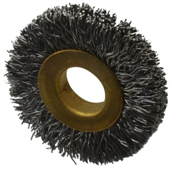 Value Collection - 1-1/4" OD, 3/8" Arbor Hole, Crimped Steel Wheel Brush - 1/4" Face Width, 9/32" Trim Length, 0.012" Filament Diam, 20,000 RPM - Caliber Tooling