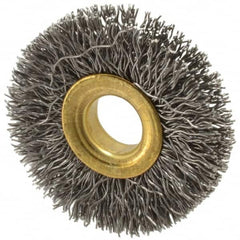 Value Collection - 1-1/2" OD, 3/8" Arbor Hole, Crimped Steel Wheel Brush - 1/4" Face Width, 3/8" Trim Length, 0.012" Filament Diam, 20,000 RPM - Caliber Tooling