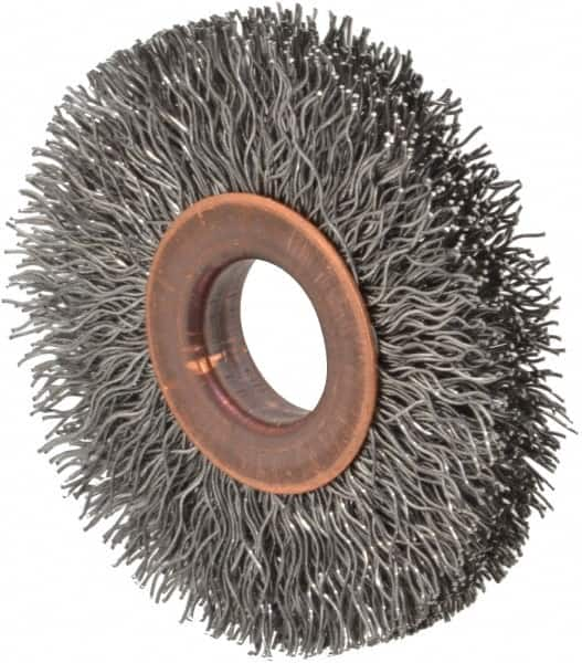 Value Collection - 2" OD, 1/2" Arbor Hole, Crimped Steel Wheel Brush - 5/16" Face Width, 1/2" Trim Length, 0.012" Filament Diam, 15,000 RPM - Caliber Tooling