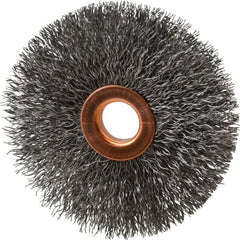 Value Collection - 3" OD, 1/2" Arbor Hole, Crimped Steel Wheel Brush - 3/8" Face Width, 1" Trim Length, 0.012" Filament Diam, 15,000 RPM - Caliber Tooling