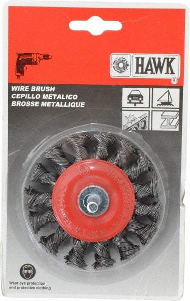 Value Collection - 3" OD, 1/4" Shank Diam, Knotted Steel Wheel Brush - 5/16" Face Width, 5/8" Trim Length, 0.012" Filament Diam, 20,000 RPM - Caliber Tooling