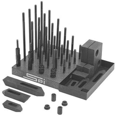 TE-CO - 53 Piece Fixturing Step Block & Clamp Set with 5/16" T-Slot, 5/16-18 Stud Thread - 3, 4, 5, 6, 7 & 8" Stud Lengths - Caliber Tooling