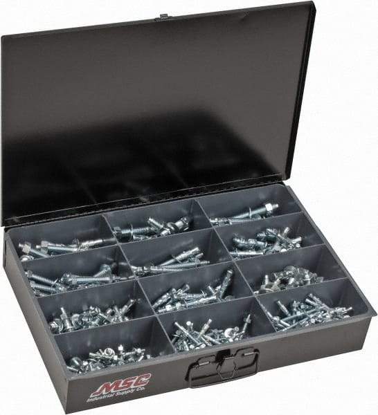 Value Collection - 290 Piece, 1/4 to 1/2" Screw, Steel Anchor Assortment - Zinc Plated, 1-3/4 to 5-1/2" Long - Caliber Tooling