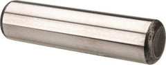 Made in USA - 1/2" Diam x 2" Pin Length Grade 8 Alloy Steel Standard Dowel Pin - Bright Finish, C 47-58 & C 60 (Surface) Hardness, 29,450 Lb (Single Shear), 58,900 Lb (Double Shear) Breaking Strength, 1 Beveled & 1 Rounded End - Caliber Tooling