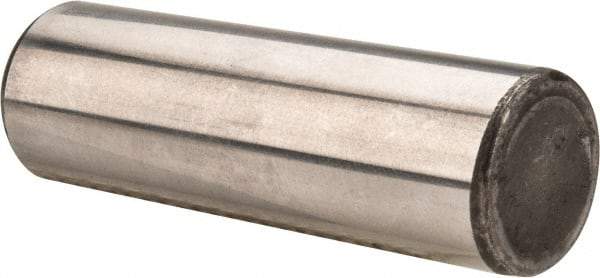 Made in USA - 5/8" Diam x 2" Pin Length Grade 8 Alloy Steel Standard Dowel Pin - Bright Finish, C 47-58 & C 60 (Surface) Hardness, 46,000 Lb (Single Shear), 92,000 Lb (Double Shear) Breaking Strength, 1 Beveled & 1 Rounded End - Caliber Tooling