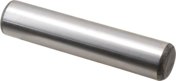 Made in USA - 3/4" Diam x 3-1/2" Pin Length Grade 8 Alloy Steel Standard Dowel Pin - Bright Finish, C 47-58 & C 60 (Surface) Hardness, 132,400 Lb (Double Shear), 66,200 Lb (Single Shear) Breaking Strength, 1 Beveled & 1 Rounded End - Caliber Tooling