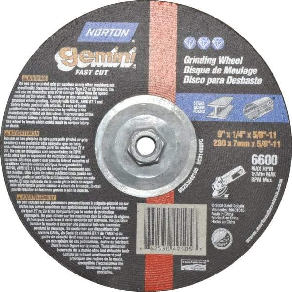 Norton - 9" Wheel Diam, 1/4" Wheel Thickness, Type 27 Depressed Center Wheel - Aluminum Oxide, 6,600 Max RPM, Compatible with Angle Grinder - Caliber Tooling