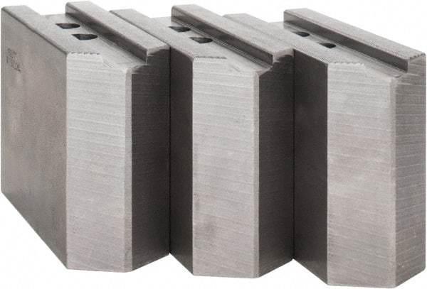 Abbott Workholding Products - 12" & Up Chuck Capacity, 1.5mm x 60° Serrated Attachment, Square Soft Lathe Chuck Jaw - 3 Jaws, Steel, 1.1811" Btw Mount Hole Ctrs, 5-1/2" Long x 2" Wide x 4" High, 0.8268" Groove, 0.6299" & 16mm Fastener - Caliber Tooling