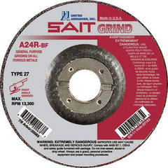 Sait - 24 Grit, 7" Wheel Diam, 1/4" Wheel Thickness, 7/8" Arbor Hole, Type 27 Depressed Center Wheel - Aluminum Oxide, Resinoid Bond, R Hardness, 8,500 Max RPM, Compatible with Angle Grinder - Caliber Tooling