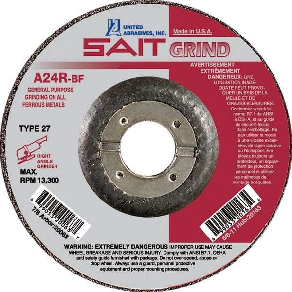 Sait - 24 Grit, 9" Wheel Diam, 1/4" Wheel Thickness, 7/8" Arbor Hole, Type 27 Depressed Center Wheel - Aluminum Oxide, Resinoid Bond, R Hardness, 6,600 Max RPM, Compatible with Angle Grinder - Caliber Tooling