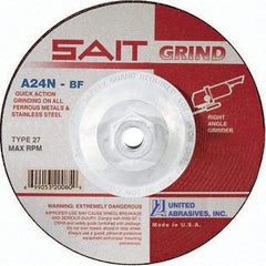 Sait - 24 Grit, 9" Wheel Diam, 1/4" Wheel Thickness, Type 27 Depressed Center Wheel - Aluminum Oxide, Resinoid Bond, N Hardness, 6,600 Max RPM, Compatible with Angle Grinder - Caliber Tooling