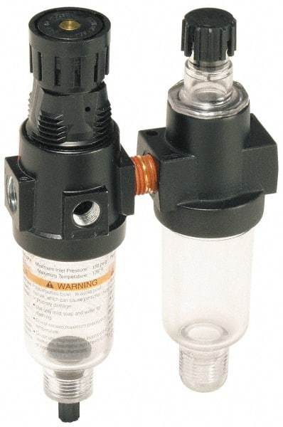 Wilkerson - 1/4" NPT Port Miniature 2 Piece Filter/Regulator-Lubricator FRL Unit - Polycarbonate Bowl, 20 SCFM, 150 Max psi, 6.21" High, Manual Drain - Caliber Tooling