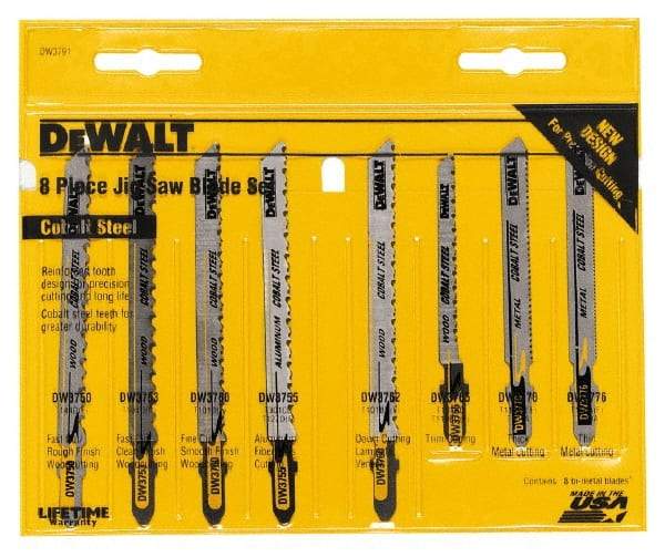 DeWALT - 8 Piece, 3" to 4" Long, 6 to 26 Teeth per Inch, Jig Saw Blade Set - T-Shank - Caliber Tooling