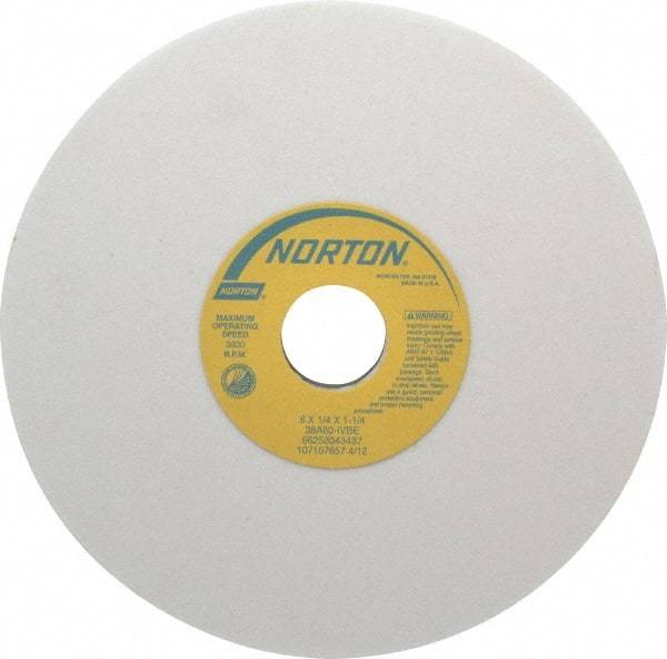 Norton - 8" Diam x 1-1/4" Hole x 1/4" Thick, I Hardness, 80 Grit Surface Grinding Wheel - Aluminum Oxide, Type 1, Medium Grade, 3,600 Max RPM, Vitrified Bond, No Recess - Caliber Tooling