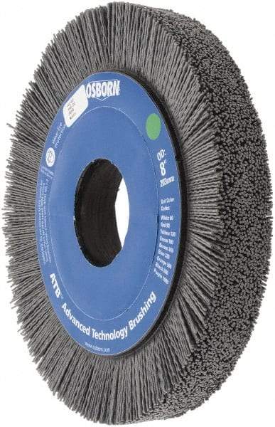 Osborn - 8" OD, 2" Arbor Hole, Crimped Nylon Wheel Brush - 1" Face Width, 1-1/4" Trim Length, 0.035" Filament Diam, 3,600 RPM - Caliber Tooling