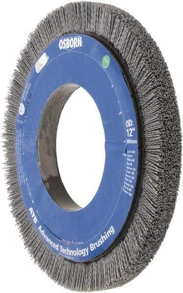 Osborn - 12" OD, 5-1/4" Arbor Hole, Crimped Nylon Wheel Brush - 1" Face Width, 1-1/4" Trim Length, 0.035" Filament Diam, 1,800 RPM - Caliber Tooling