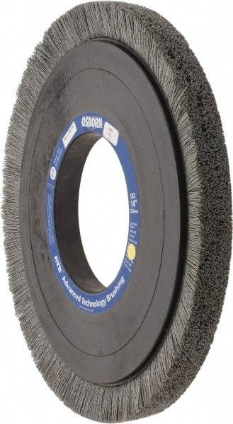 Osborn - 14" OD, 5-1/4" Arbor Hole, Crimped Nylon Wheel Brush - 1" Face Width, 1-1/4" Trim Length, 0.028" Filament Diam, 1,800 RPM - Caliber Tooling