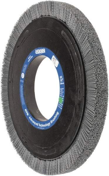 Osborn - 14" OD, 5-1/4" Arbor Hole, Crimped Nylon Wheel Brush - 1" Face Width, 1-1/4" Trim Length, 0.035" Filament Diam, 1,800 RPM - Caliber Tooling