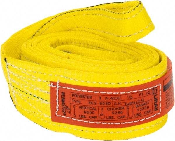 Lift-All - 10' Long x 3" Wide, 6,600 Lb Vertical Capacity, 2 Ply, Nylon Web Sling - 5,200 Lb Choker Capacity, Yellow - Caliber Tooling