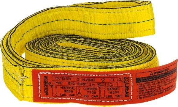 Lift-All - 8' Long x 2" Wide, 9,600 Lb Vertical Capacity, 2 Ply, Nylon Web Sling - 7,700 Lb Choker Capacity, Yellow - Caliber Tooling