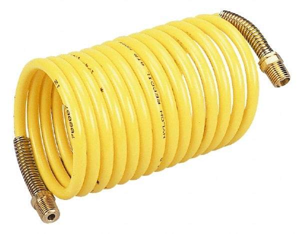 Coilhose Pneumatics - 1/4" ID, 1/4 Thread, 50' Long, Yellow Nylon Coiled & Self Storing Hose - 185 Max psi, Male Rigid x Male Swivel - Caliber Tooling