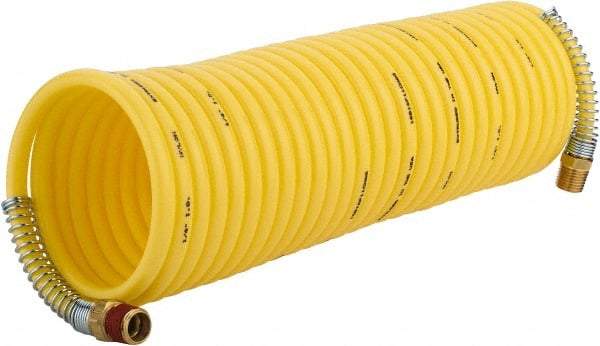 Coilhose Pneumatics - 1/4" ID, 1/4 Thread, 25' Long, Yellow Nylon Coiled & Self Storing Hose - 185 Max psi, Male Rigid x Male Swivel - Caliber Tooling