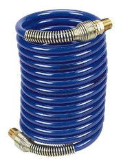 Coilhose Pneumatics - 1/4" ID, 1/4 Thread, 12' Long, Blue Nylon Coiled & Self Storing Hose - 220 Max psi, Male Swivel x Male Swivel - Caliber Tooling