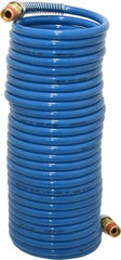 Coilhose Pneumatics - 1/4" ID, 1/4 Thread, 25' Long, Blue Nylon Coiled & Self Storing Hose - 220 Max psi, Male Swivel x Male Swivel - Caliber Tooling