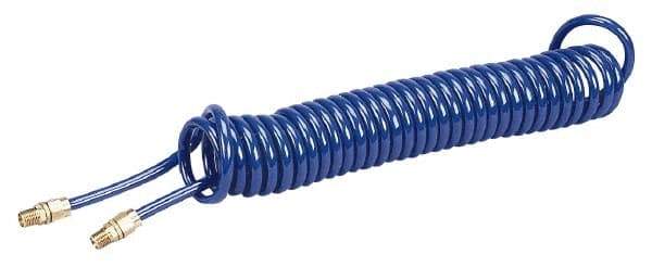 Coilhose Pneumatics - 1/4" ID, 1/4 Thread, 25' Long, Blue Polyurethane Coiled & Self Storing Hose - 125 Max psi, Male Swivel x Male Swivel - Caliber Tooling