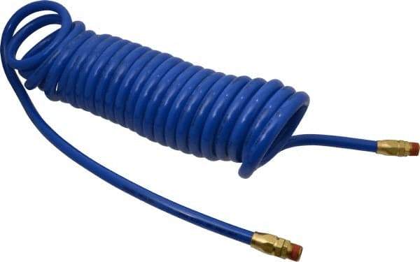 Coilhose Pneumatics - 3/8" ID, 3/8 Thread, 25' Long, Blue Polyurethane Coiled & Self Storing Hose - 115 Max psi, Male Swivel x Male Swivel - Caliber Tooling