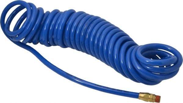 Coilhose Pneumatics - 3/8" ID, 3/8 Thread, 30' Long, Blue Polyurethane Coiled & Self Storing Hose - 115 Max psi, Male Swivel x Male Swivel - Caliber Tooling