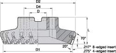 Kennametal - 4" Cut Diam, 1-1/2" Arbor Hole, 5.89mm Max Depth of Cut, 70° Indexable Chamfer & Angle Face Mill - 8 Inserts, SPHX 1205... Insert, Right Hand Cut, 8 Flutes, Series Fix-Perfect - Caliber Tooling