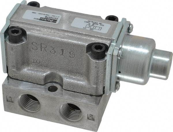 Parker - 1.5 CV Rate, 3/8" NPT Inlet HD Mechanical Oper Valve - 4 Way, 2 Position, 3/8" NPT Outlet, 150 Max psi, Air Pilot Spring Return - Caliber Tooling