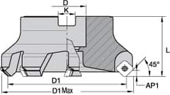 Kennametal - 5" Cut Diam, 1-1/2" Arbor Hole, 5mm Max Depth of Cut, 43° Indexable Chamfer & Angle Face Mill - 10 Inserts, OF.T64 Insert, Right Hand Cut, 10 Flutes, Through Coolant, Series KSOM - Caliber Tooling