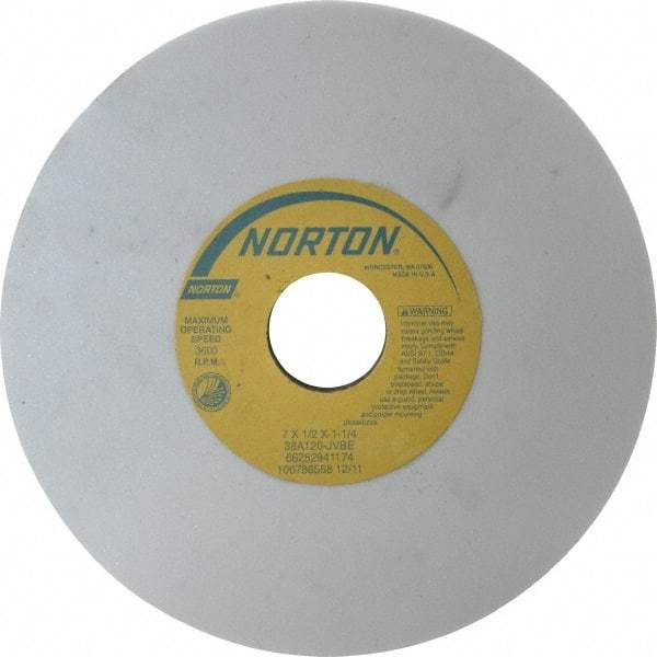 Norton - 7" Diam x 1-1/4" Hole x 1/2" Thick, J Hardness, 120 Grit Surface Grinding Wheel - Aluminum Oxide, Type 1, Fine Grade, 3,600 Max RPM, Vitrified Bond, No Recess - Caliber Tooling