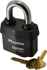 Master Lock - 1-3/8" Shackle Clearance, Keyed Different Padlock - 7/8" Shackle Width, 7/16" Shackle Diam, Laminated Steel - Caliber Tooling