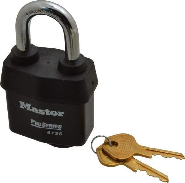 Master Lock - 1-3/8" Shackle Clearance, Keyed Different Padlock - 7/8" Shackle Width, 3/8" Shackle Diam, Laminated Steel - Caliber Tooling