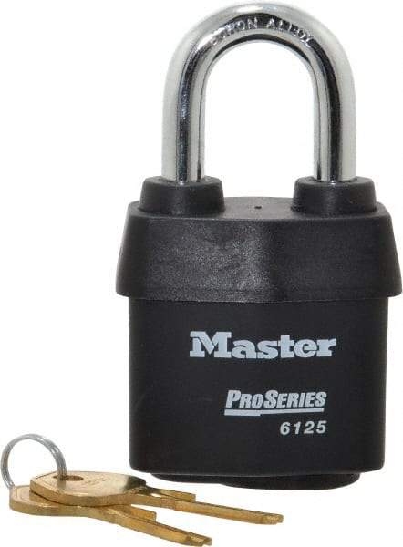 Master Lock - 1-3/8" Shackle Clearance, Keyed Alike Padlock - 7/8" Shackle Width, 3/8" Shackle Diam, Laminated Steel - Caliber Tooling