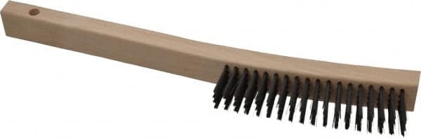 Made in USA - 4 Rows x 19 Columns Wire Scratch Brush - 6-1/4" Brush Length, 13-3/4" OAL, 1-3/16" Trim Length, Wood Toothbrush Handle - Caliber Tooling