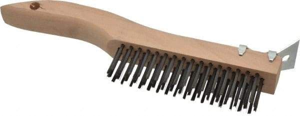 Made in USA - 4 Rows x 16 Columns Wire Scratch Brush - 10" OAL, 1-3/16" Trim Length, Wood Shoe Handle - Caliber Tooling