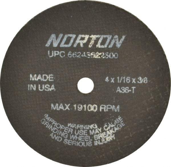 Norton - 4" 36 Grit Aluminum Oxide Cutoff Wheel - 1/16" Thick, 3/8" Arbor, 19,100 Max RPM, Use with Die Grinders - Caliber Tooling